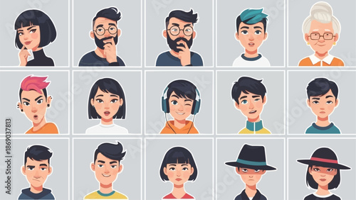 Diverse Group of People Avatars with Various Expressions.