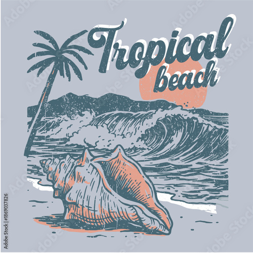 Vintage Tropical Beach Illustration with Sea Shell and Ocean Waves, Retro Nautical Conch Shell Graphic with Palm Trees and Sunset, Tropical Beach T-shirt Graphic with Vintage Sea Shell and Palm Trees