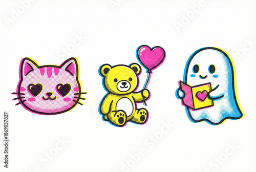 Valentine's Day pop art icons: pink cat, teddy bear with balloon, and ghost reading love letter.