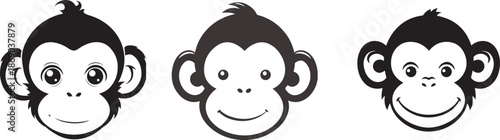 Playful Primate Trio: A charming collection of three cartoon monkey faces, each showcasing unique expressions, from wide-eyed curiosity to a cheerful grin, representing a spectrum of emotions.