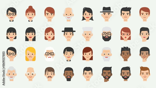 Diverse Group of People Faces Flat Design Style.
