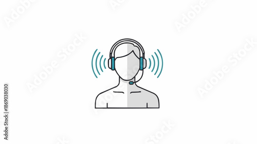 Customer service operator wearing headset with sound waves illustration.