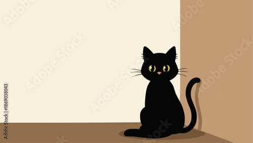 Cute Black Cat Sitting and Staring with Big Yellow Eyes.