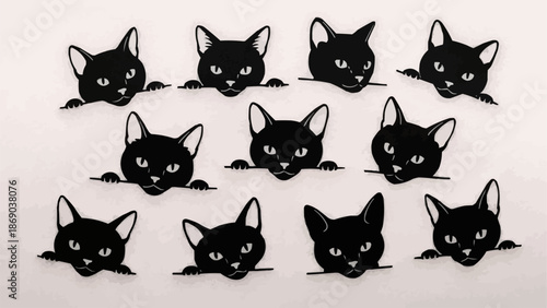 Cute Black Cat Faces Peeking Over Edge.
