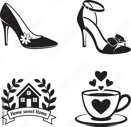 Set of black vector icons showing high heel shoes home sweet home badge and love cup