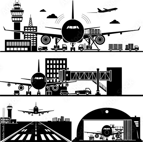 Airport Operations and Ground Handling Services Flat Vector Illustration Set