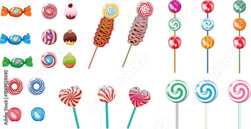 Playful candy icons in a multicolored flat design, perfect for kids, sweets, and festive visual projects.