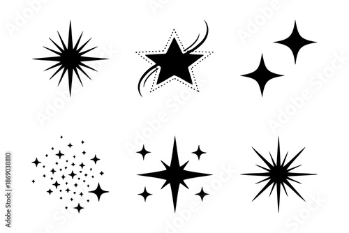 Black star sparkle icons and twinkling light effect symbols set