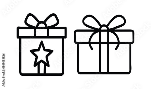 Two Gift Boxes Icon with Star, Simple Line Art, Isolated White Background