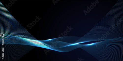 A dynamic and abstract digital design with flowing blue waveforms against a dark background,smooth, curving lines and dotted patterns that create a sense of movement and energy.