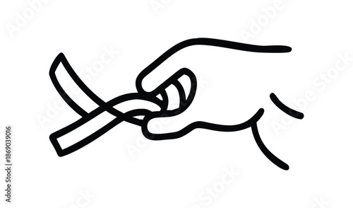 Hand holding a symbolic ribbon against white background, simple line art icon