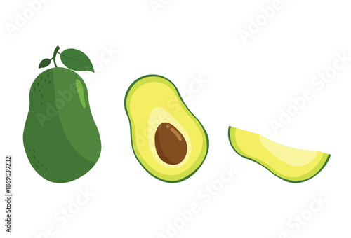 Set of fresh avocado illustrations, flat design, EPS 10