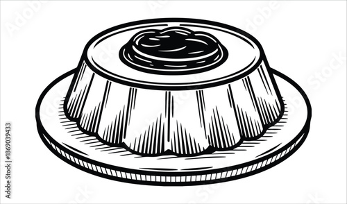 Dessert Jelly Panna Cotta Pudding on Plate, Vintage Engraving Style