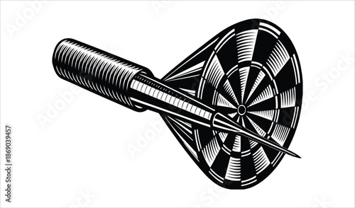Dartboard and Dart Vector Illustration, Close-up, Vintage Style, Isolated on White
