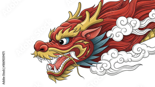 Modern vector style Chinese dragon head illustration, traditional cloud carving, red and gold color