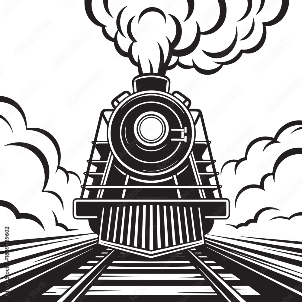 Fototapeta premium Vintage steam locomotive approaching on railroad tracks with smoke and steam