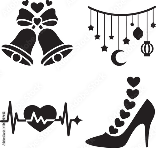 Wedding celebration icons collection with bells heartbeat line high heel shoe and decorations