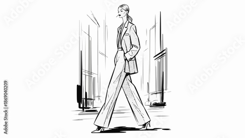 Fashion illustration of a woman walking in a stylish suit.