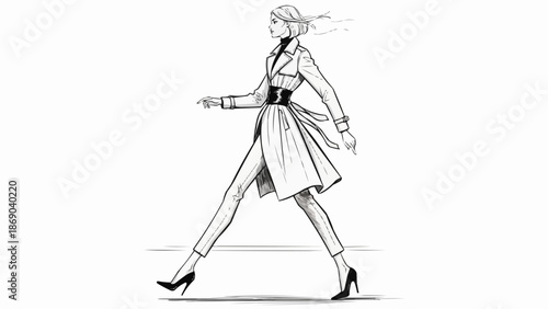 Fashion illustration of a woman walking in a trench coat.