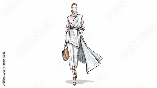 Fashion illustration of a woman walking with a handbag.