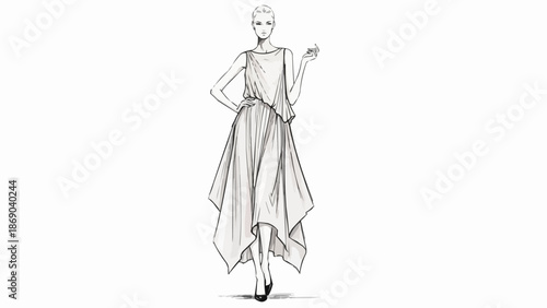Fashion illustration of a woman wearing a flowing asymmetric dress.