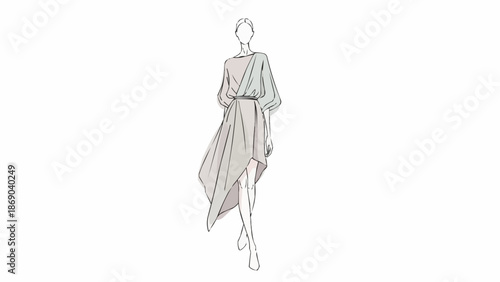 Fashion illustration of a woman wearing a flowing dress.