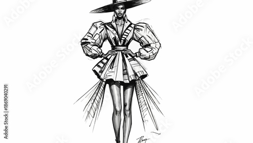 Fashion illustration of a woman wearing a stylish hat and dress.