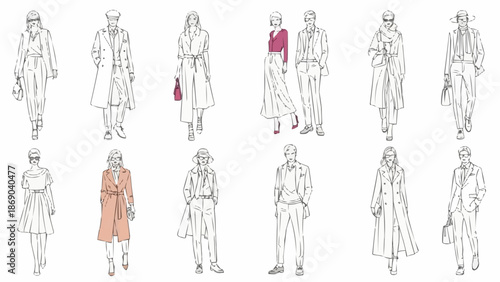 Fashion illustration sketches of models in stylish outfits.