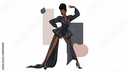 Elegant Black Woman Posing in Fashionable Outfit with High Heels.