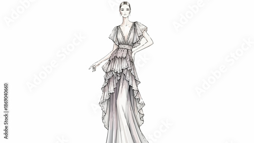 Elegant Fashion Illustration of a Woman in a Ruffled Gown.