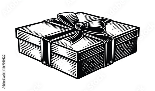 Gift Box with Ribbon Bow in Engraved Style, Black and White