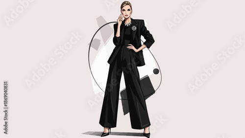 Elegant Woman in Black Business Suit Posing Confidently.