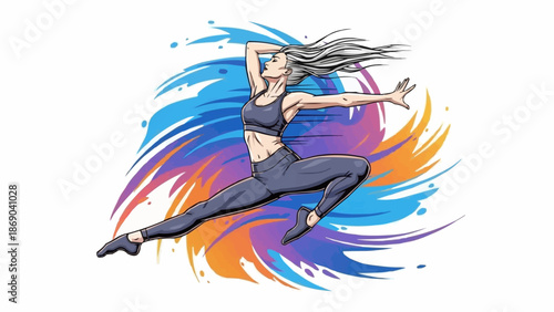 Energetic Dancer Performing Athletic Leap with Colorful Abstract Background.