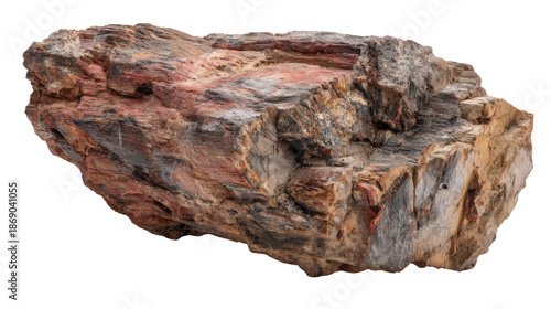 Petrified wood fossil showing natural mineralized textures and colors, ancient geology artifact on transparent background