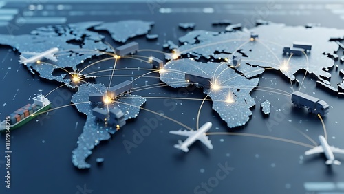 Global Network of Logistics: A visually compelling representation of global trade and logistics, with interconnected lines mapping out transportation routes across the continents.