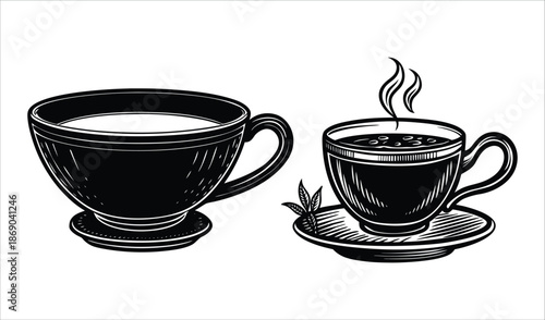 Two cups of hot beverage, coffee or tea, steaming with steam, on saucers, black and white illustration