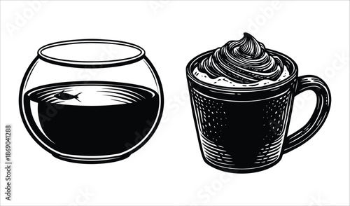 Fishbowl with Single Fish and Mug of Coffee with Whipped Cream, Woodcut Style
