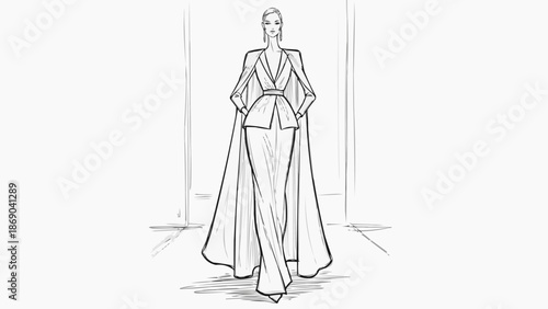 Fashion illustration of a woman in a stylish suit with a cape.