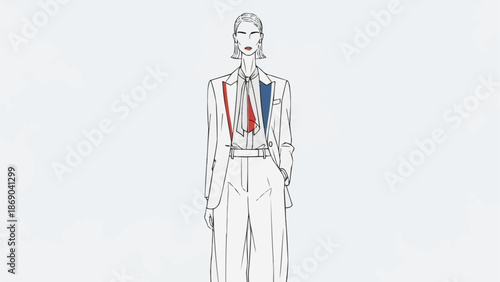 Fashion illustration of a woman in a stylish suit with red and blue accents.