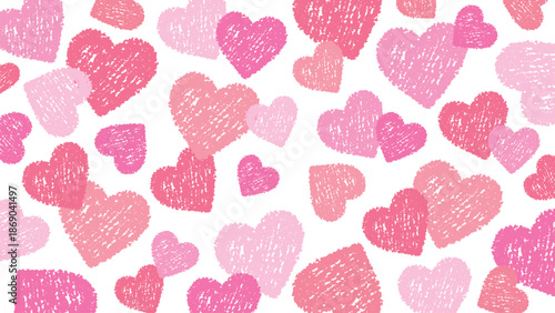 クレヨンタッチのかわいいハートをちりばめた背景素材/ピンク