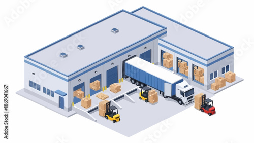 Modern logistics warehouse with trucks and forklifts loading cargo.
