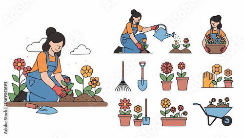 Woman gardening planting flowers and garden tools illustration.