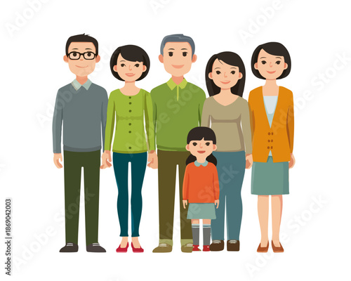Wielopokoleniowa rodzina azjatycka stojąca razem na przezroczystym tle, ilustracja wektorowa relacji międzyludzkich.