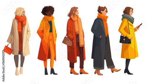 Zestaw pięciu stylowych kobiet w modnych płaszczach i szalikach jesiennych na białym tle.