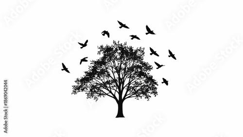 Silhouette of a large tree with birds flying around it.