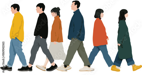 Grupa sześciu młodych ludzi w codziennych strojach idących obok siebie na białym tle.