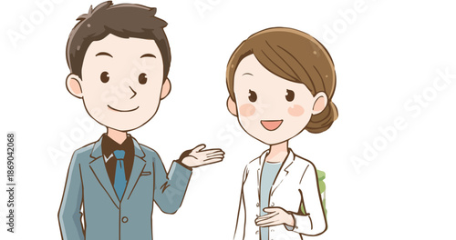 Uśmiechnięty mężczyzna w garniturze i kobieta w białym fartuchu wskazują gestem, ilustracja wektorowa.