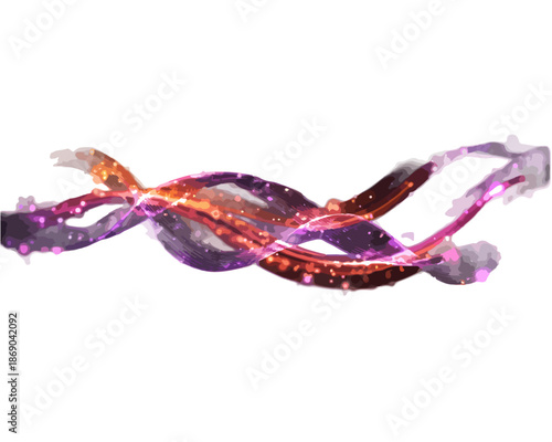 Abstrakcyjny, pulsujący, skręcony element energetyczny z iskrzącymi cząsteczkami na przezroczystym tle.