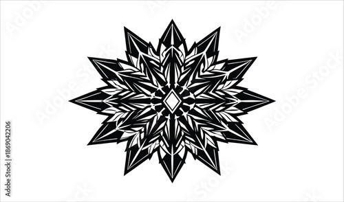 Abstract Black Snowflake Mandala with Diamond Center