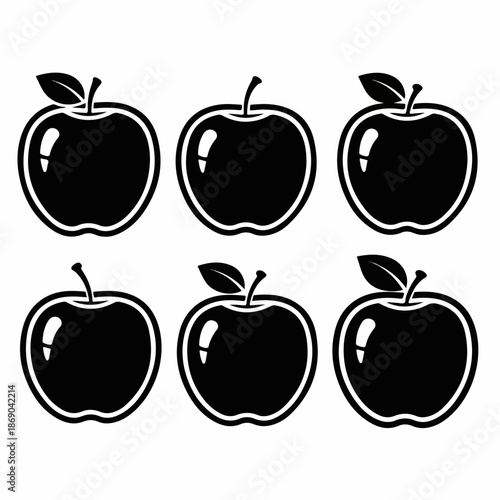 Set of six black and white stylized apple icons with stem and leaf, suitable for graphics, food packaging, or healthy lifestyle symbols.